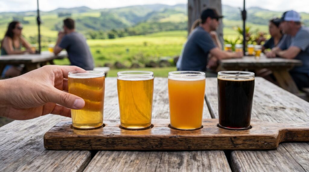 ハワイ島ワイメアにあるブルワリーのビアガーデンで、異なる4種類のクラフトビールを並べた飲み比べセット（フライト）を楽しむ