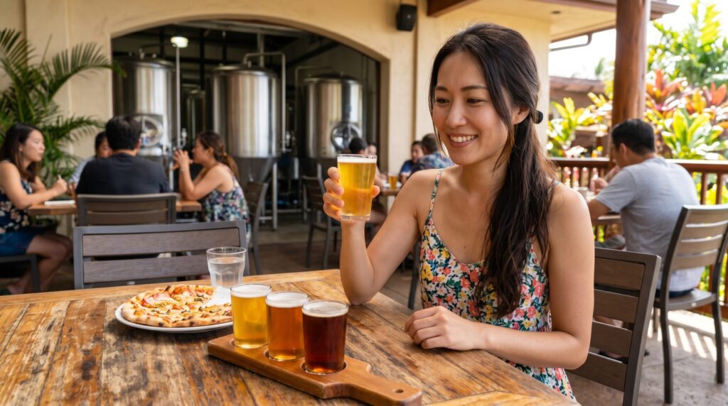 ブリューイング・カンパニーの屋外テラス席で、地ビールの飲み比べセットとピザを楽しむ