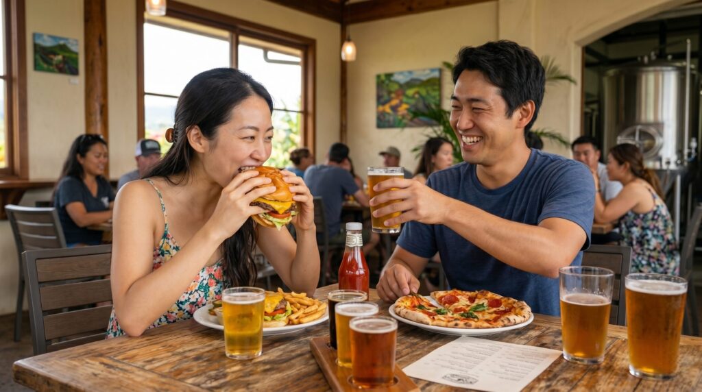 ハワイ島ブルワリーのレストランで、クラフトビールと共に大きなハンバーガーとピザを楽しむ
