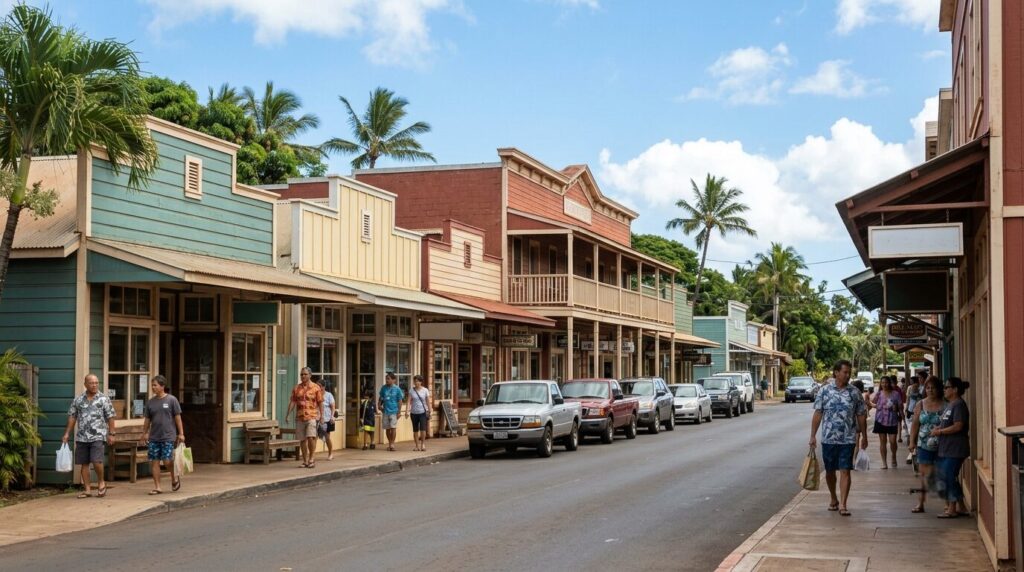 レトロな plantation-style の木造商店が並ぶ、モロカイ島カウナカカイの静かで素朴なメインストリートの街並み。